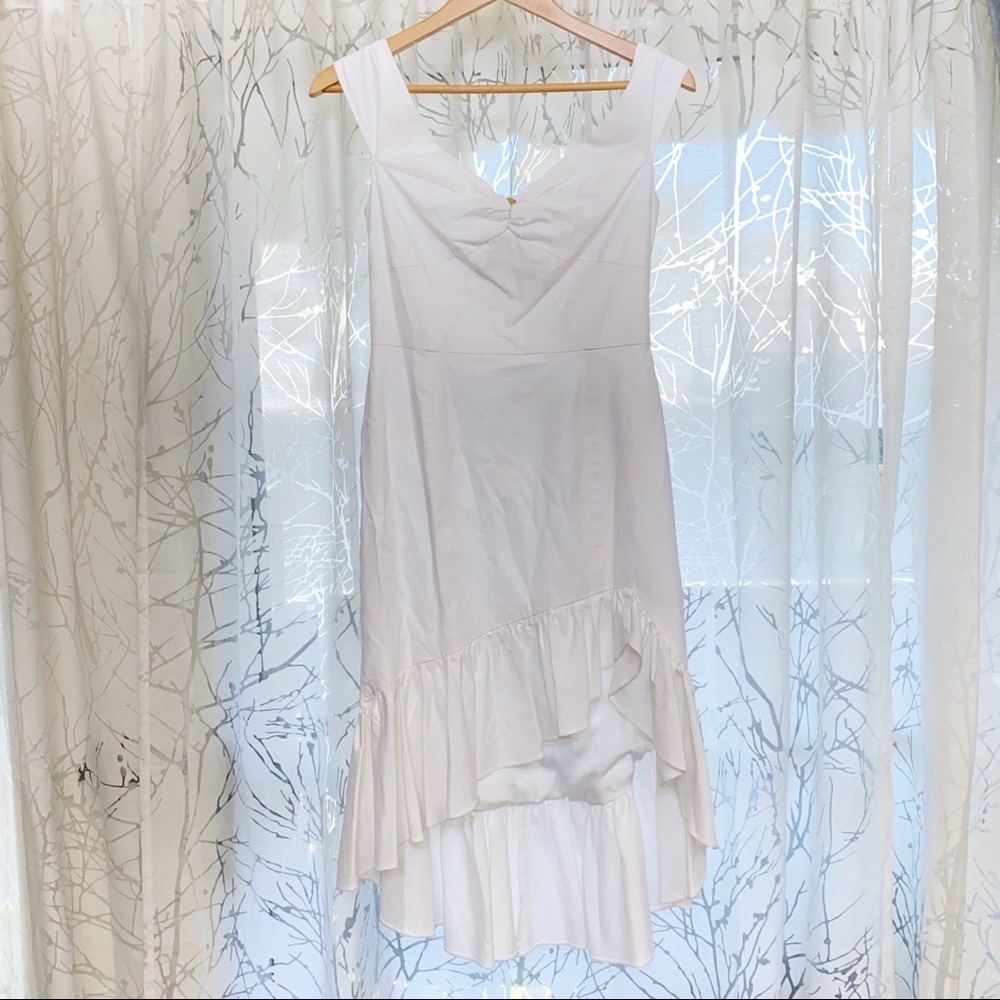 WAYF Genoa off the shoulder white linen ruffle high low hem asymmetrical dress - Picture 6 of 13